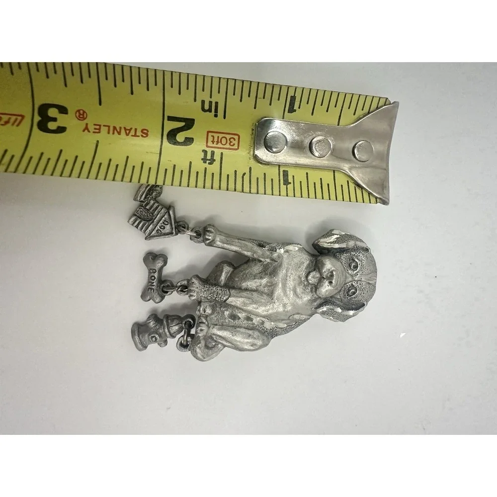 VINTAGE Pewter DOG BROOCH PIN Dangle CHARMS Doghouse Bone PUPPY Signed Spoon